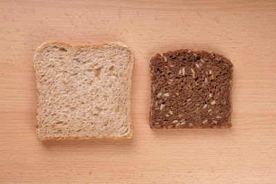 Directly above shot of white and brown bread on table