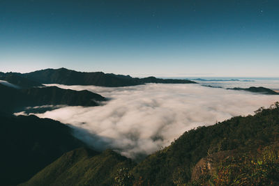 Scenic view of land and mountains against sky