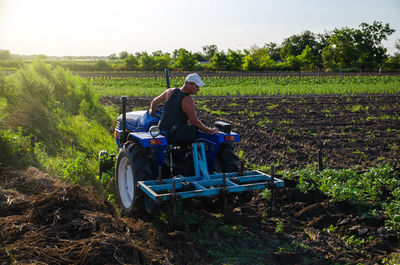 A farmer on a tractor moves to a potato field. agroindustry and agribusiness. 