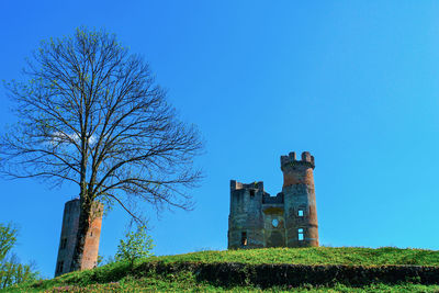 Abandoned building against clear blue sky