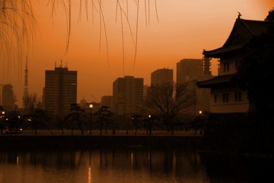 Silhouette of buildings at sunset