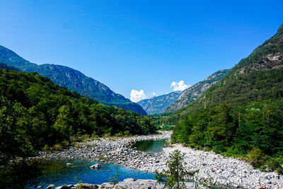 Scenic view of lake by mountains against clear blue sky