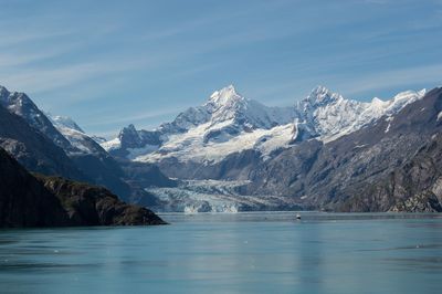 Scenic view of lake and rocky mountains against sky