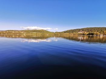 Scenic view of lake against clear blue sky