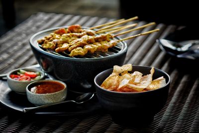 Close-up of food served on table