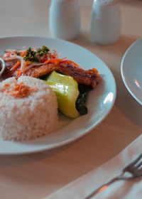 High angle view of breakfast served on table