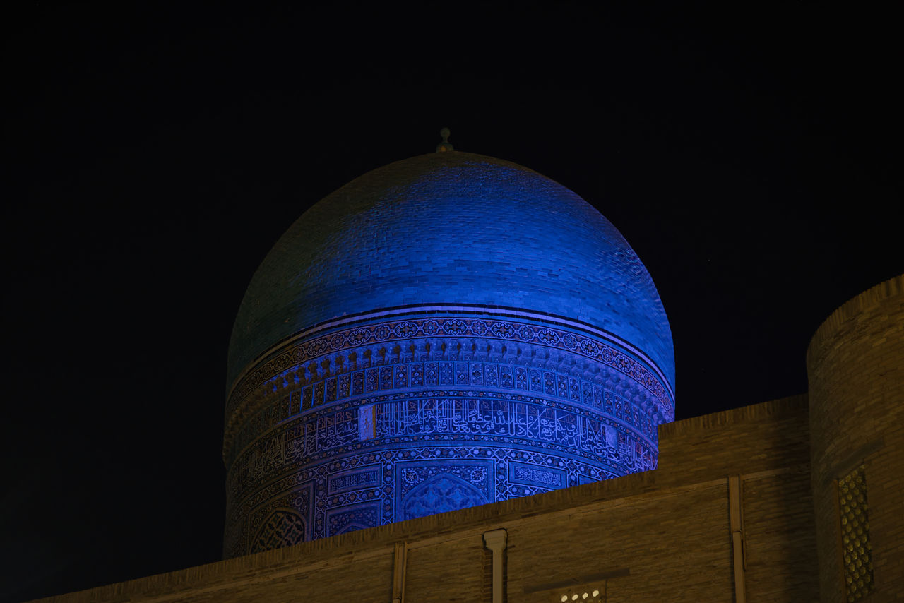 architecture, night, building exterior, built structure, dome, blue, travel destinations, no people, theatre, religion, city, low angle view, place of worship, lighting, building, belief, sky, light, travel, landmark, observatory, spirituality