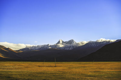 Scenic view of mountains against clear blue sky