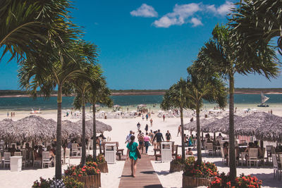 People walking on beach by palm trees against blue sky