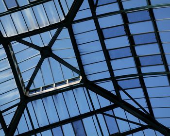 Low angle view of modern building against blue sky