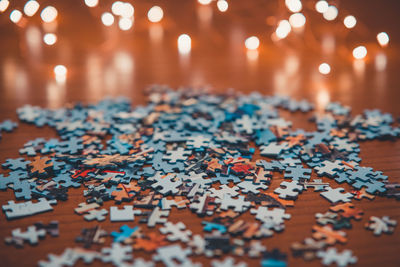 High angle view of puzzle pieces on table