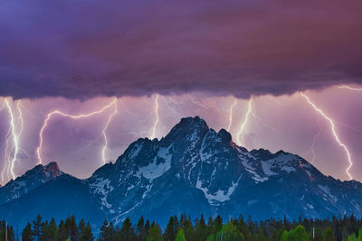 Panoramic view of lightning over mountains against sky