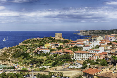 Scenic aerial view over the town of santa teresa gallura, sassari, italy