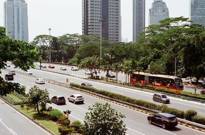 High angle view of city street and buildings