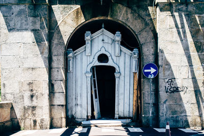 Facade of building with closed door