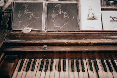 High angle view of piano keys in old building