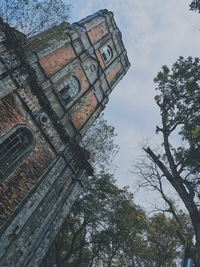 Low angle view of trees and building against sky