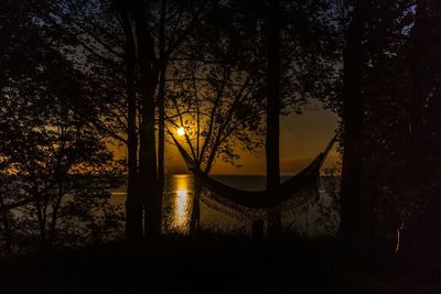 Silhouette of bare trees against sky at sunset