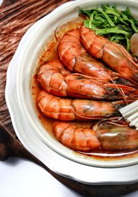 High angle view of seafood in plate on table