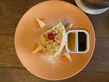 High angle view of breakfast on table