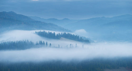 Scenic view of landscape against sky during foggy weather