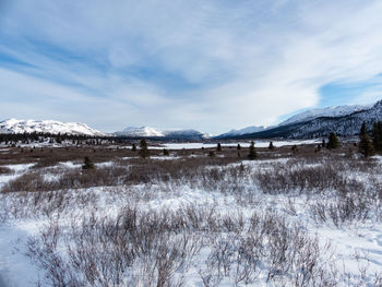 Scenic view of snowcapped mountains against sky