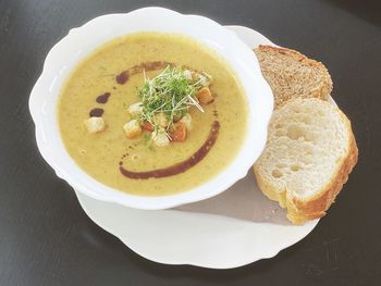 High angle view of soup served in bowl