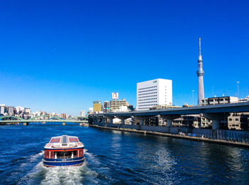 Boat in river with buildings in background