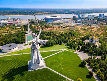 High angle view of statue in city