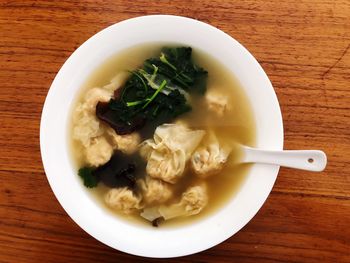 High angle view of soup in bowl on table
