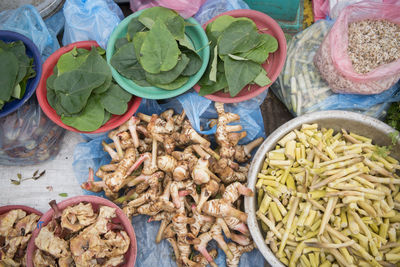 High angle view of various vegetables for sale at market