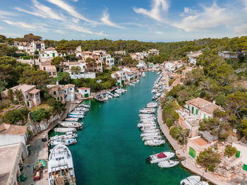 Aerial view of the fishing village in mallorca, spain.