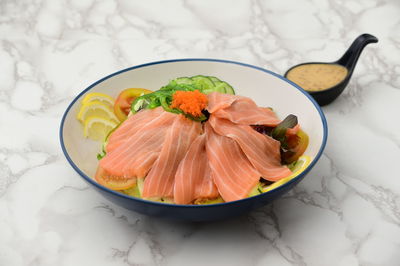 High angle view of food in bowl on table