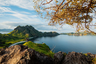 Scenic view of lake and mountains against sky