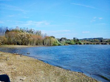 Scenic view of lake against blue sky