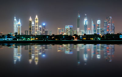 Reflection of illuminated buildings in river against sky at night