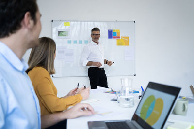 Businessman giving presentation to colleagues in office