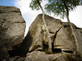 Low angle view of statue on rock against sky