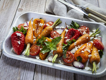 High angle view of food in plate on table