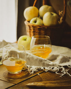 Close-up of fruits in glass on table