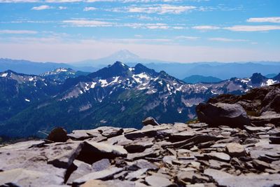 Scenic view of snowcapped mountains against sky