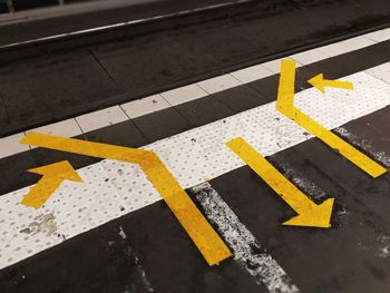 High angle view of arrow symbols on road