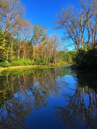 Scenic view of lake against blue sky