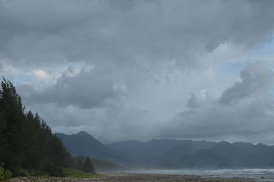 Scenic view of sea and mountains against sky