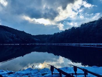 Scenic view of lake by snowcapped mountains against sky
