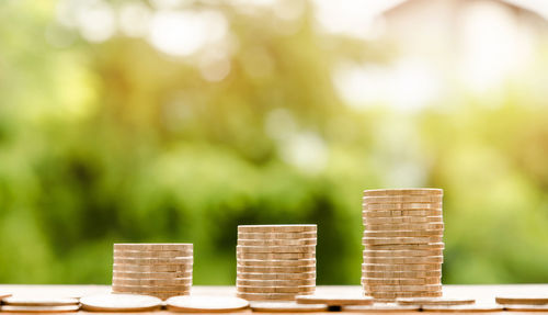 Close-up of coins on table