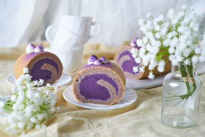 High angle view of cake served on table