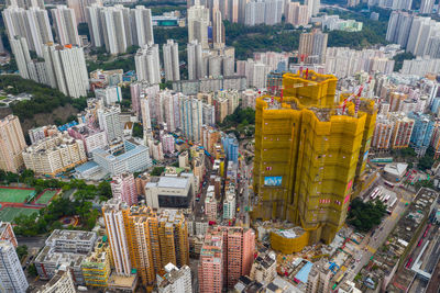 High angle view of modern buildings in city