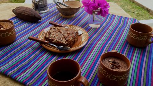 High angle view of breakfast on table