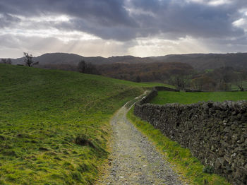 Scenic view of road amidst field against sky